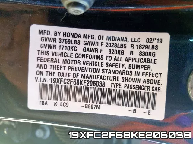 19XFC2F68KE206038 фото 2