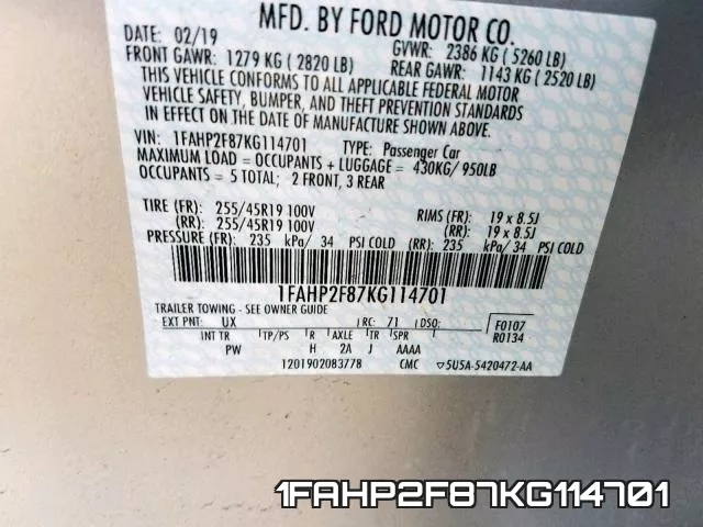 1FAHP2F87KG114701 фото 2