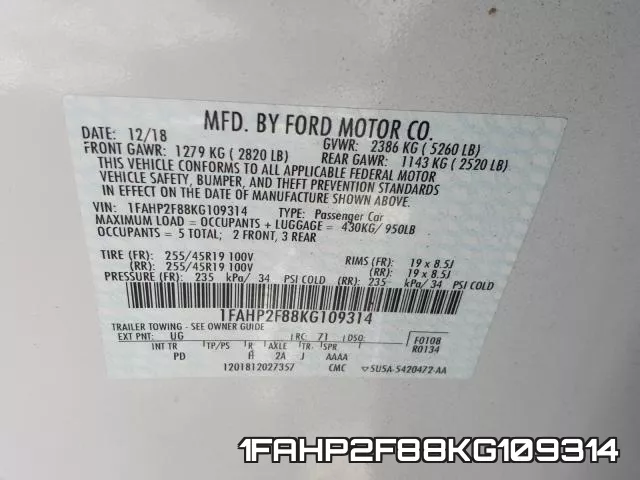 1FAHP2F88KG109314 фото 2