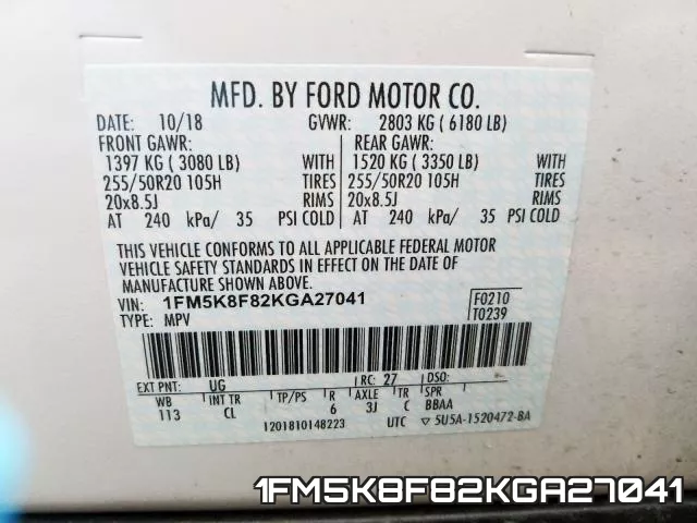 1FM5K8F82KGA27041 фото 2