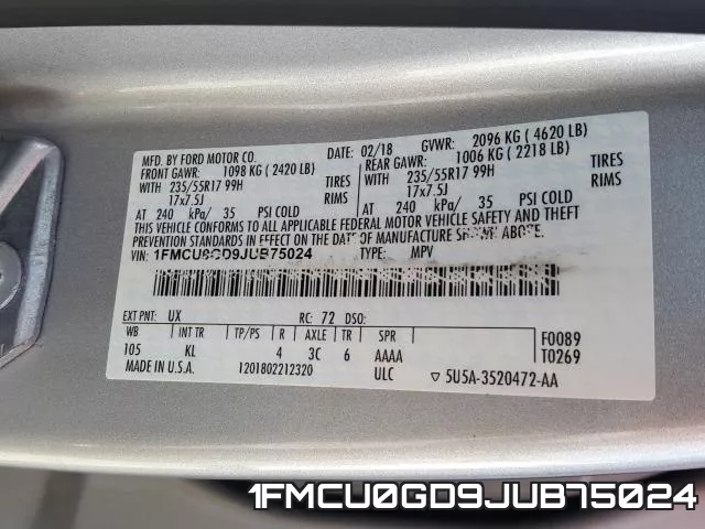 1FMCU0GD9JUB75024 фото 2