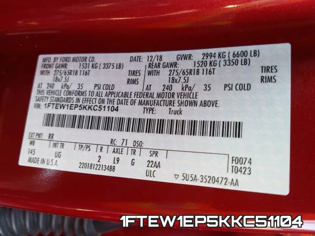 1FTEW1EP5KKC51104 фото 2