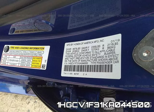 1HGCV1F31KA044500 фото 10