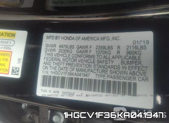 1HGCV1F36KA041947 фото 10