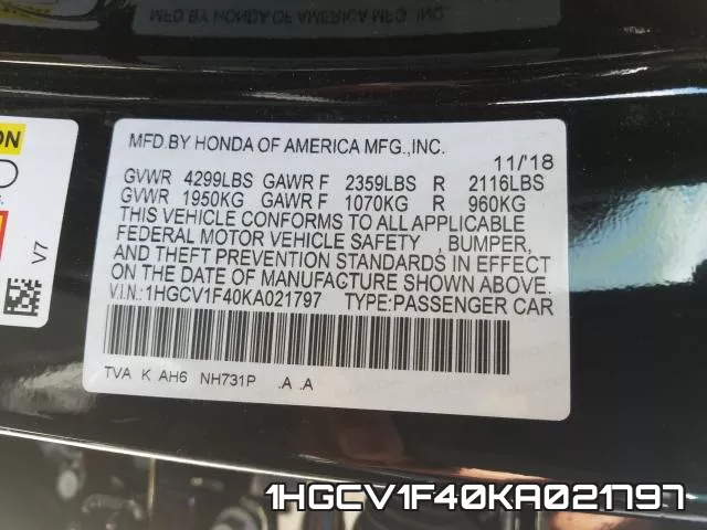 1HGCV1F40KA021797 фото 2