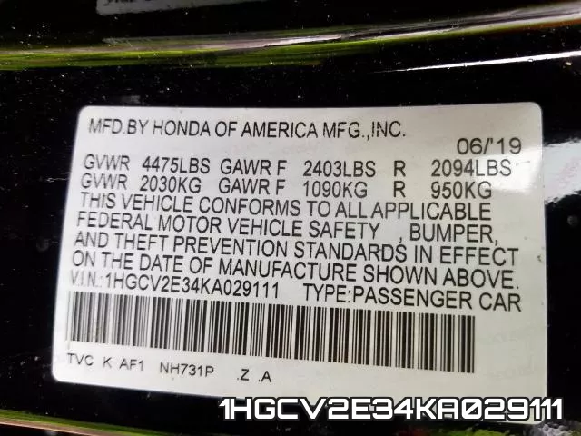 1HGCV2E34KA029111 фото 2