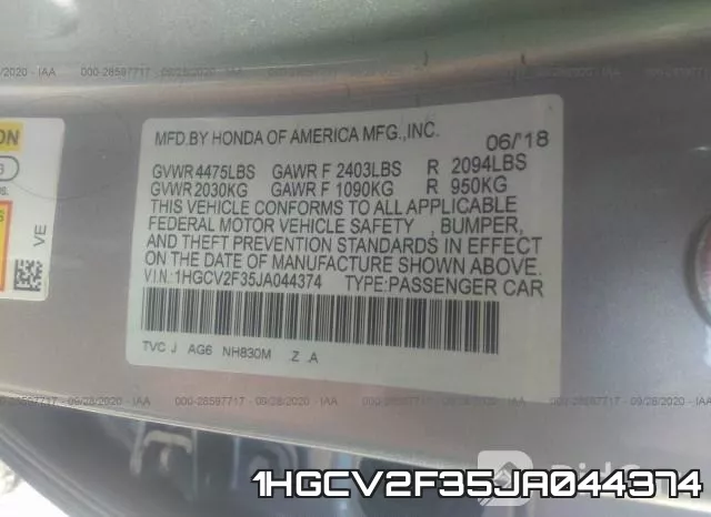 1HGCV2F35JA044374 фото 10