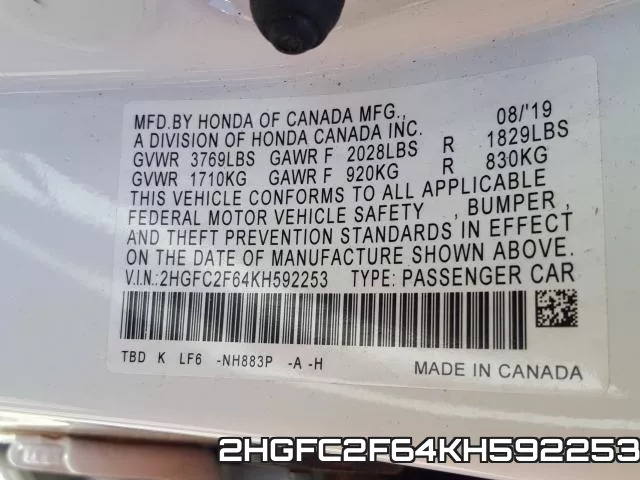 2HGFC2F64KH592253 фото 2