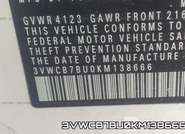 3VWCB7BU0KM138666 фото 10