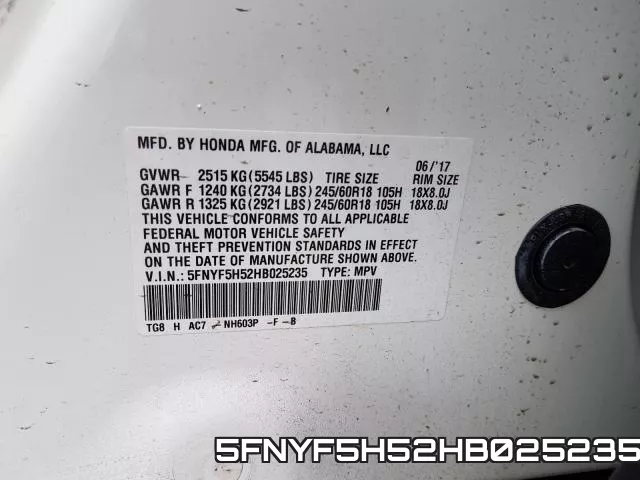 5FNYF5H52HB025235 фото 2