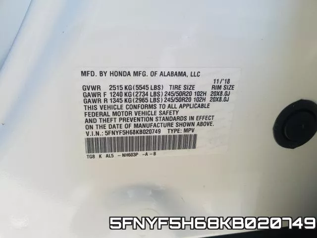 5FNYF5H68KB020749 фото 2