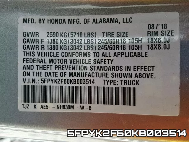 5FPYK2F60KB003514 фото 2
