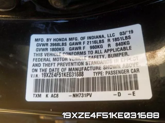 19XZE4F51KE031688 фото 2