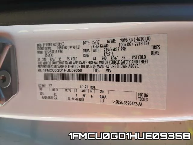 1FMCU0GD1HUE09358 фото 2