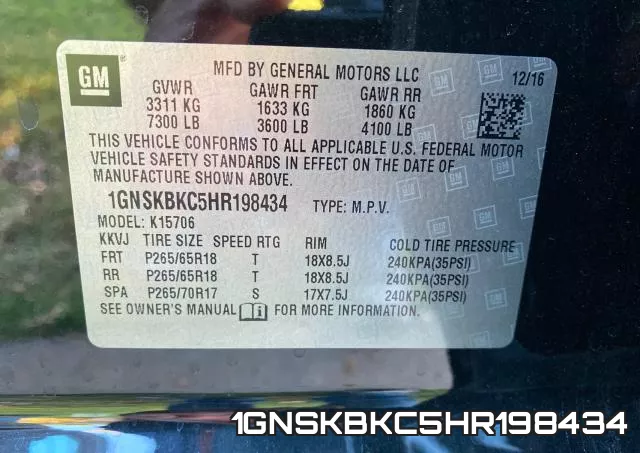 1GNSKBKC5HR198434 фото 2