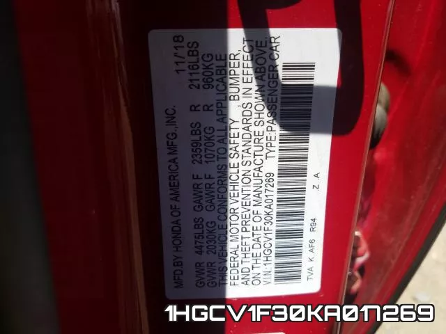 1HGCV1F30KA017269 фото 2