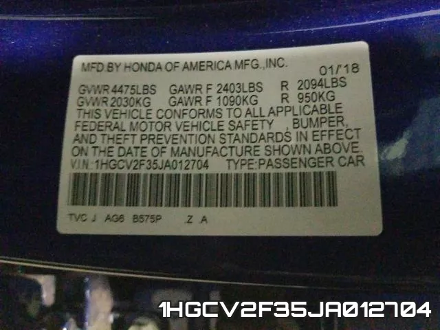 1HGCV2F35JA012704 фото 2
