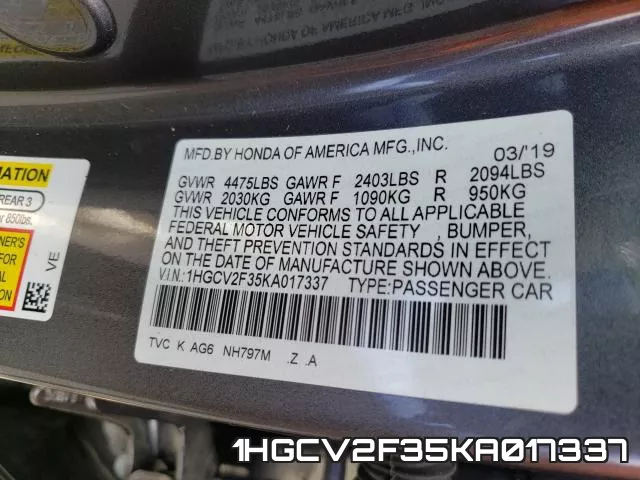 1HGCV2F35KA017337 фото 2