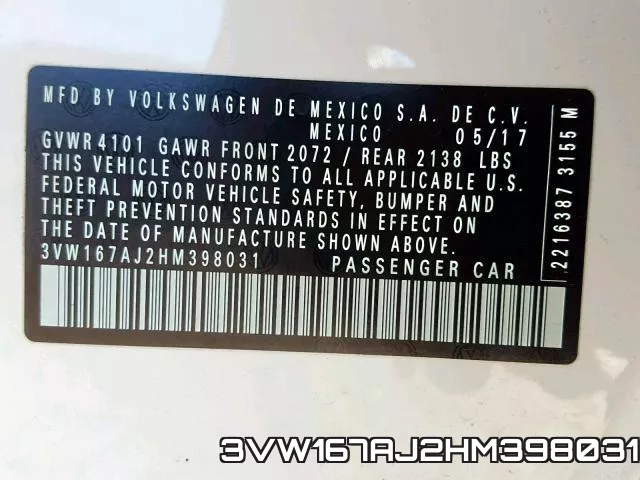 3VW167AJ2HM398031 фото 2