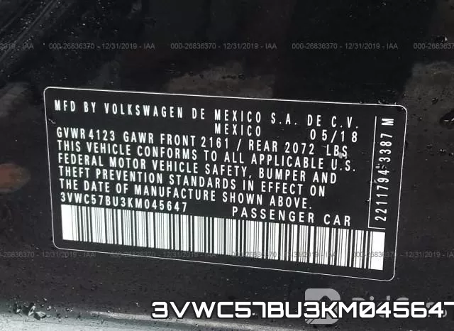 3VWC57BU3KM045647 фото 10