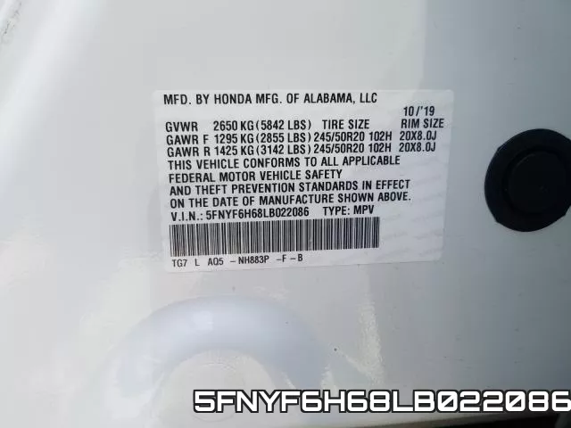 5FNYF6H68LB022086 фото 2