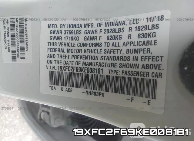 19XFC2F69KE008181 фото 10