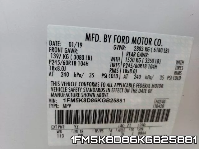 1FM5K8D86KGB25881 фото 2