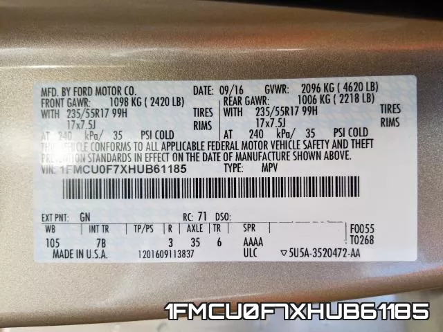 1FMCU0F7XHUB61185 фото 2