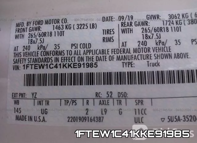 1FTEW1C41KKE91985 фото 9