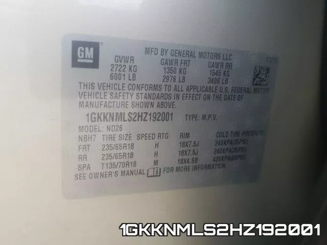 1GKKNMLS2HZ192001 фото 2
