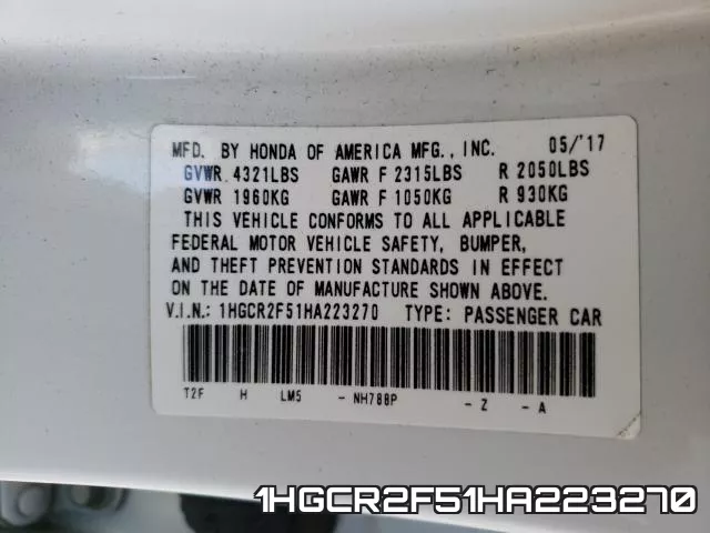 1HGCR2F51HA223270 фото 2