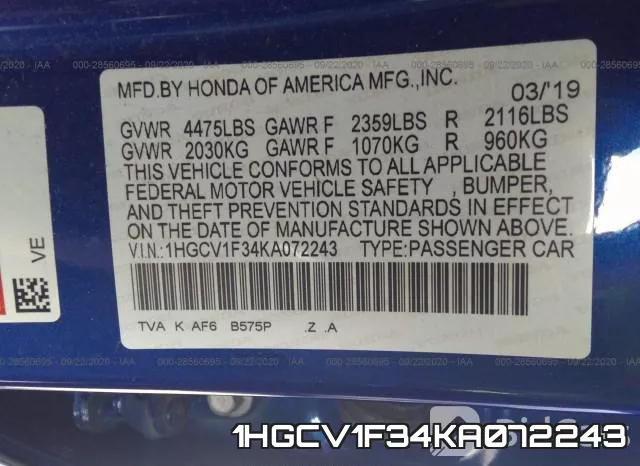 1HGCV1F34KA072243 фото 10