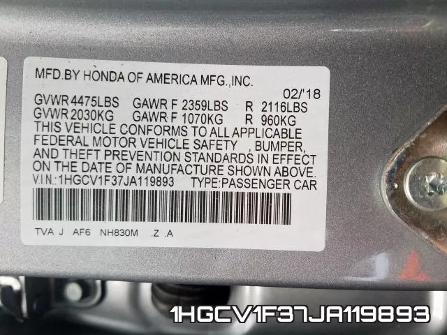 1HGCV1F37JA119893 фото 2