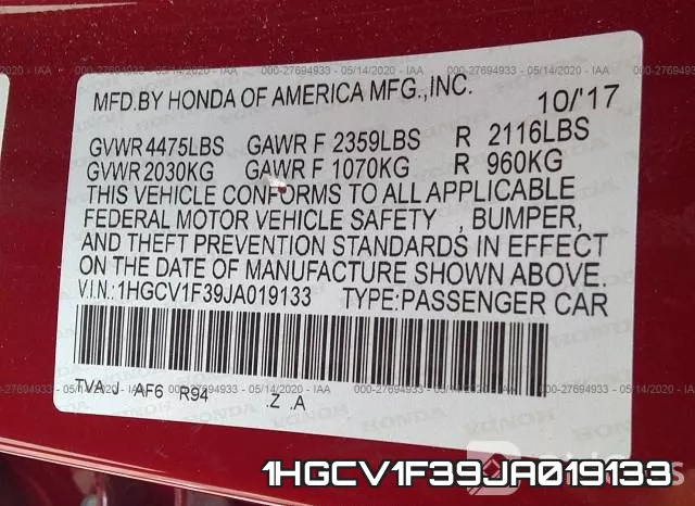 1HGCV1F39JA019133 фото 10