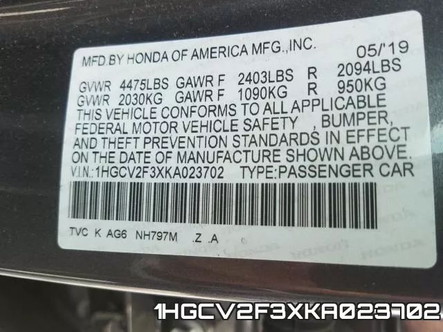 1HGCV2F3XKA023702 фото 2