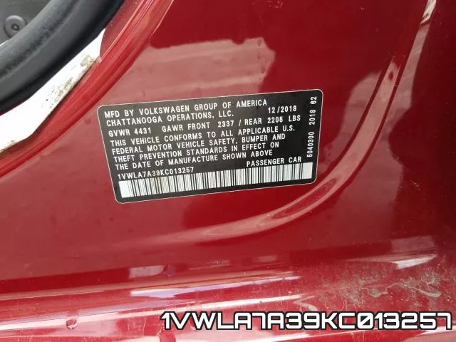 1VWLA7A39KC013257 фото 2