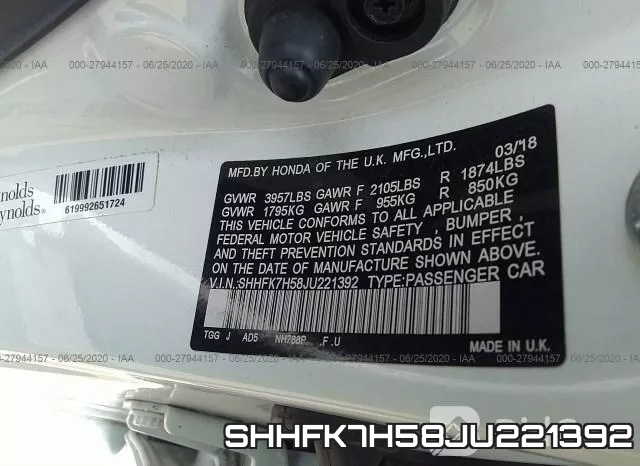SHHFK7H58JU221392 фото 10