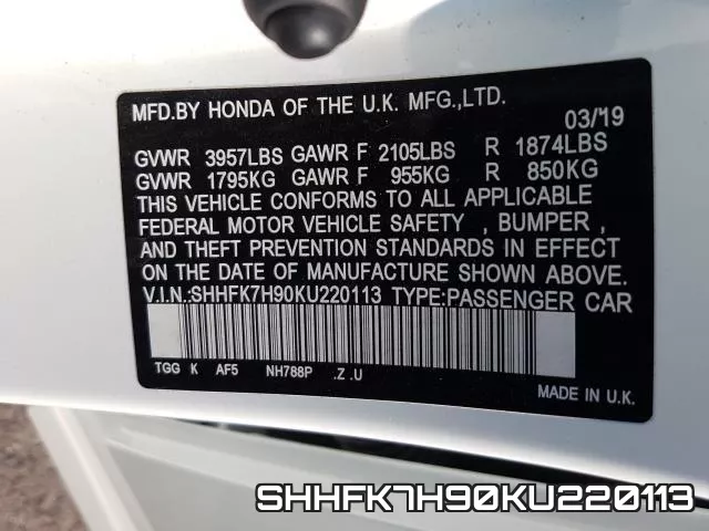 SHHFK7H90KU220113 фото 2