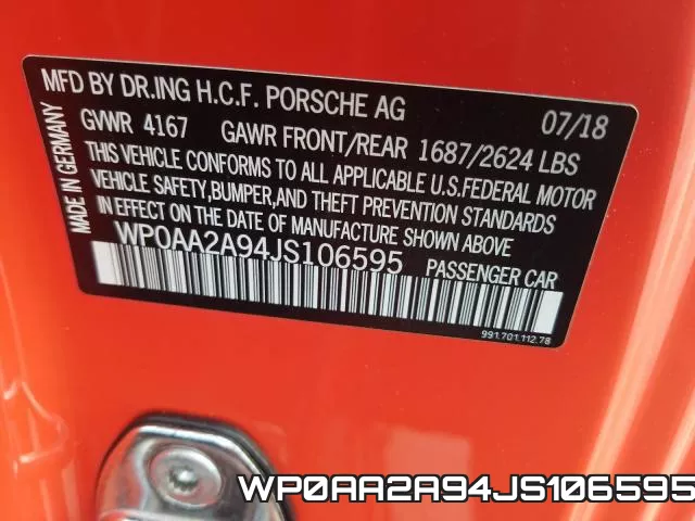 WP0AA2A94JS106595 фото 2