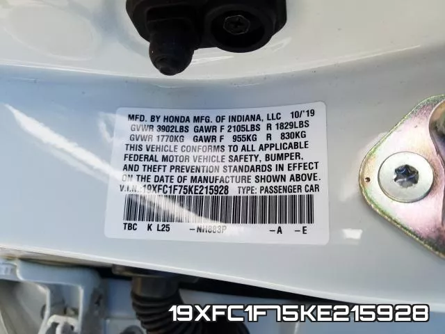 19XFC1F75KE215928 фото 2