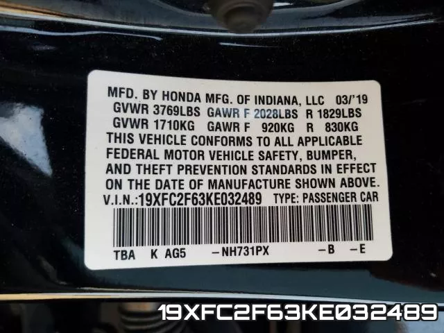 19XFC2F63KE032489 фото 2