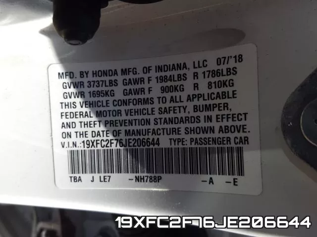 19XFC2F76JE206644 фото 2