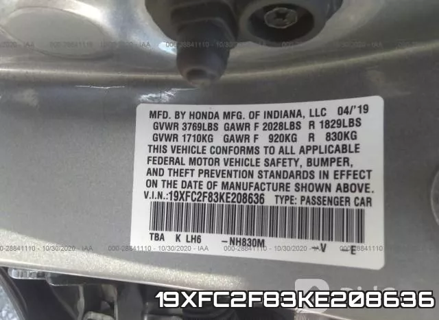 19XFC2F83KE208636 фото 10