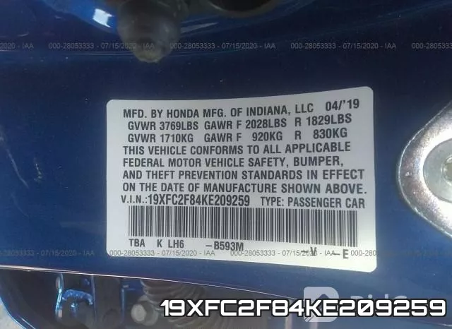 19XFC2F84KE209259 фото 9