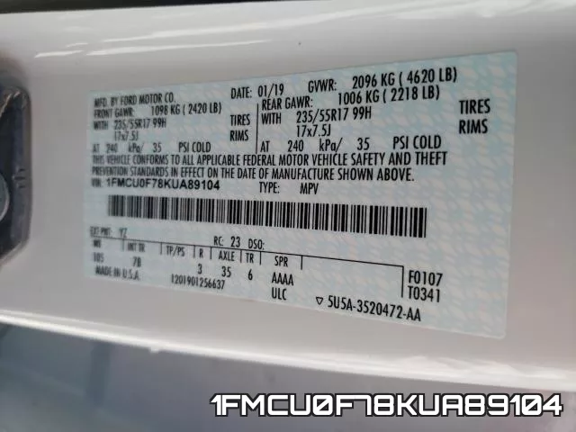 1FMCU0F78KUA89104 фото 2