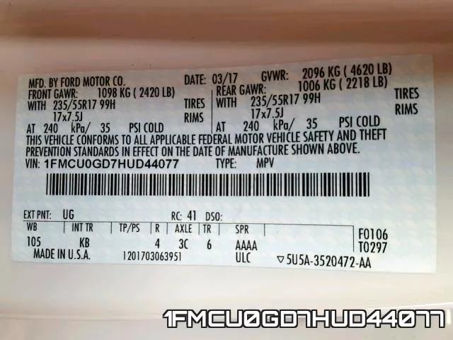 1FMCU0GD7HUD44077 фото 2
