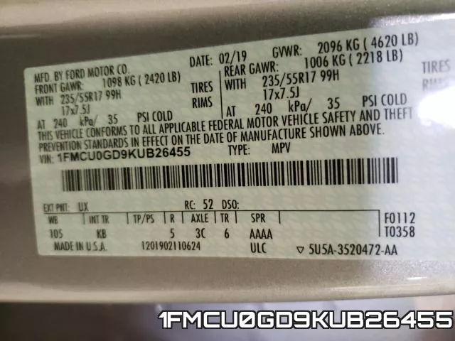 1FMCU0GD9KUB26455 фото 2