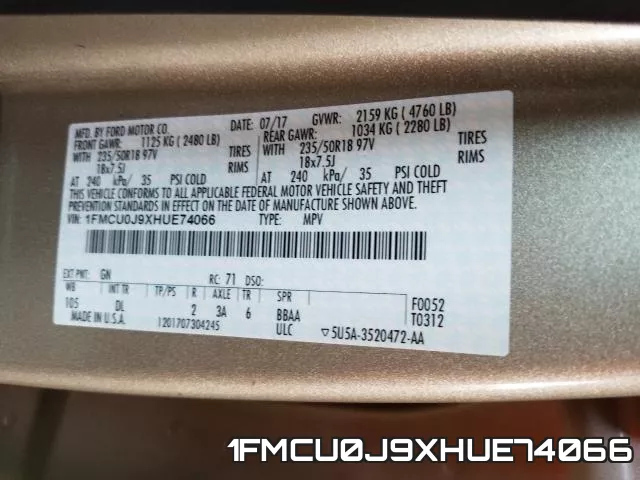 1FMCU0J9XHUE74066 фото 2