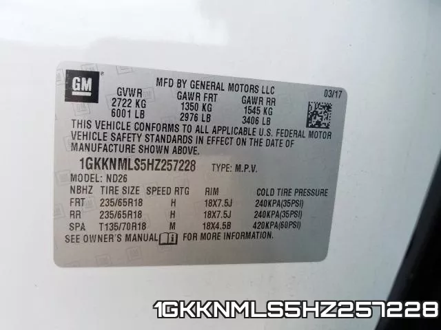 1GKKNMLS5HZ257228 фото 2