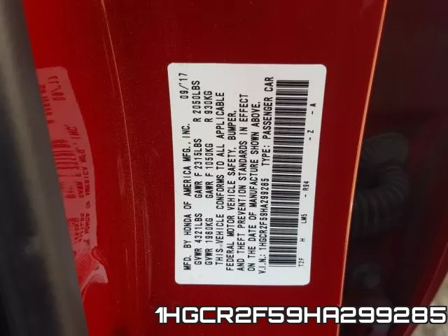 1HGCR2F59HA299285 фото 2